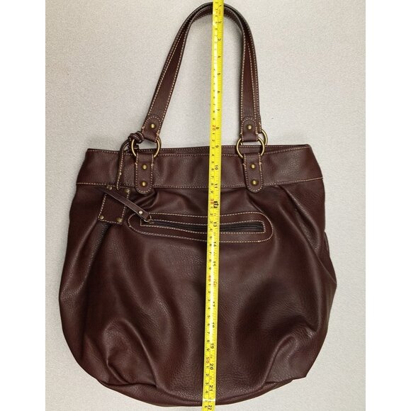 Liz & Co. Brown Faux Leather Tote Bag With Striped Fabric Lining & Multiple Comp - Picture 11 of 15